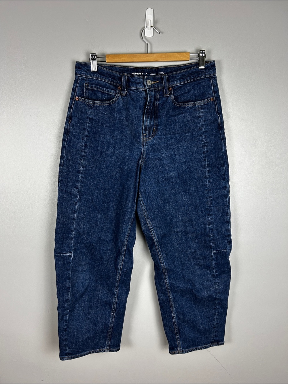OLD NAVY High Rise Barrel Jeans Sz 8 Dark Wash Indigo Relaxed Casual